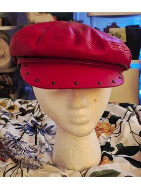 Wyeth Red Faux Leather Newsboy Cap Dark Metal Chain Accent OS